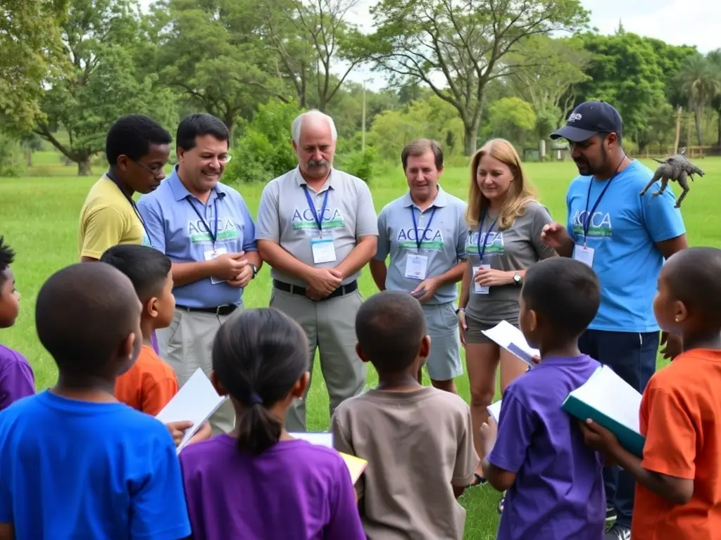 A photograph featuring ACCA members leading an educational workshop for local schoolchildren, teaching them about wildlife conservation, responsible hunting practices, and the importance of respecting nature. The image should convey a sense of community engagement and education.