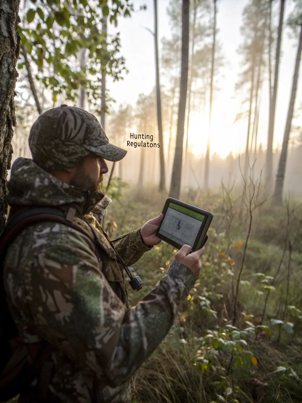 A close-up photograph of a hunter carefully observing a deer in its natural habitat, emphasizing the association's commitment to responsible wildlife management.