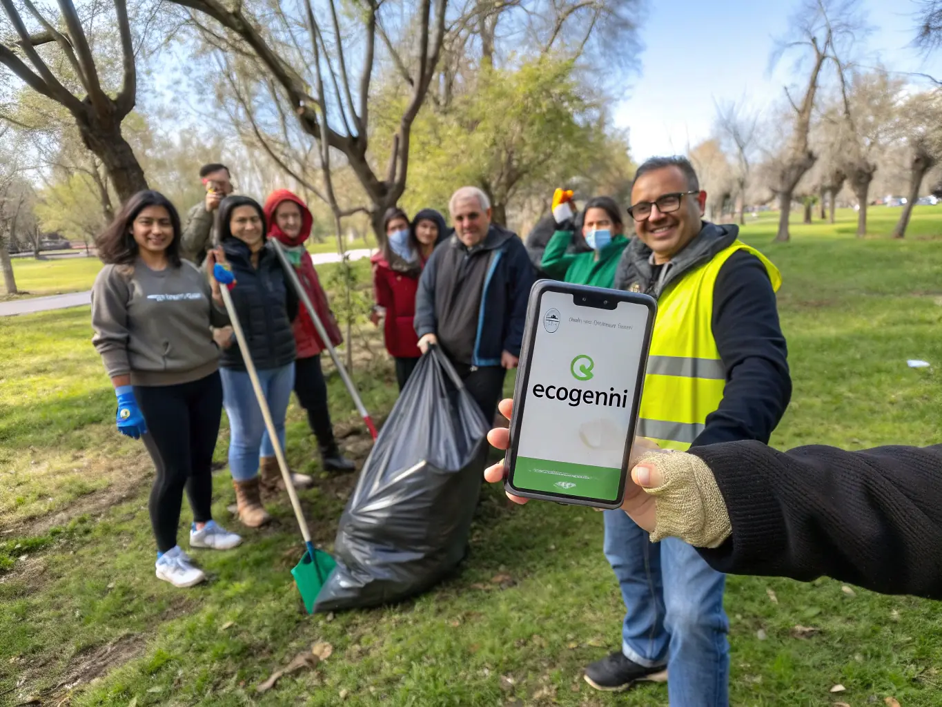A photo of ACCA members working together on a community project, such as cleaning up a local park or assisting with a rural development initiative. The image should convey a sense of teamwork and community spirit.