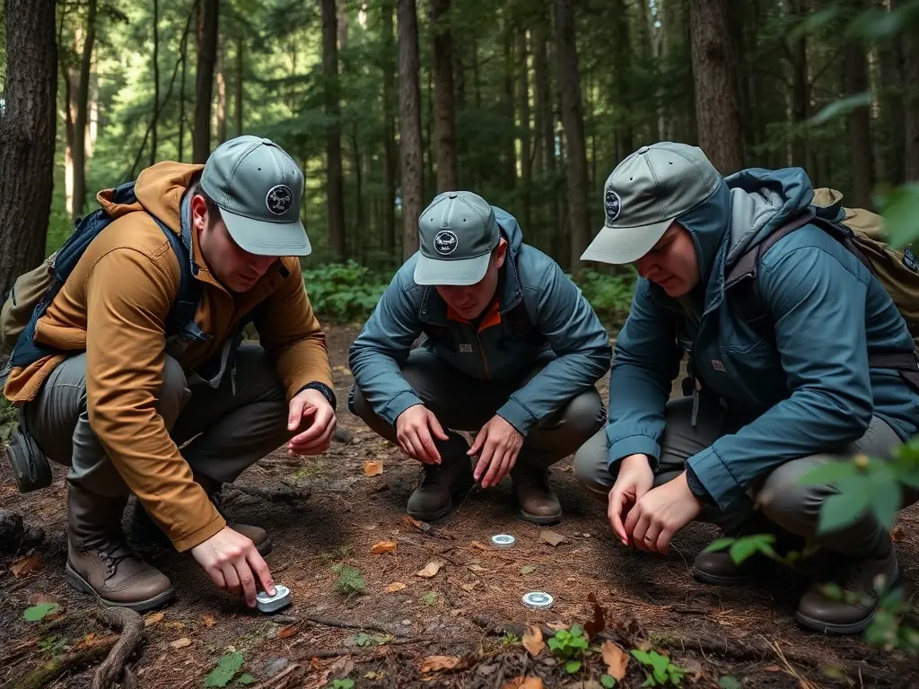 A photograph depicting ACCA members participating in a wildlife census in the fields of Celles, using binoculars and notebooks to record their observations.