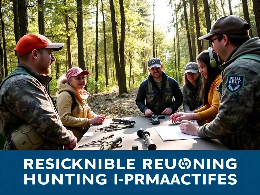 A photograph depicting a group of ACCA members participating in a sustainable hunting education workshop in a natural outdoor setting. The image should convey a sense of learning, collaboration, and respect for nature.