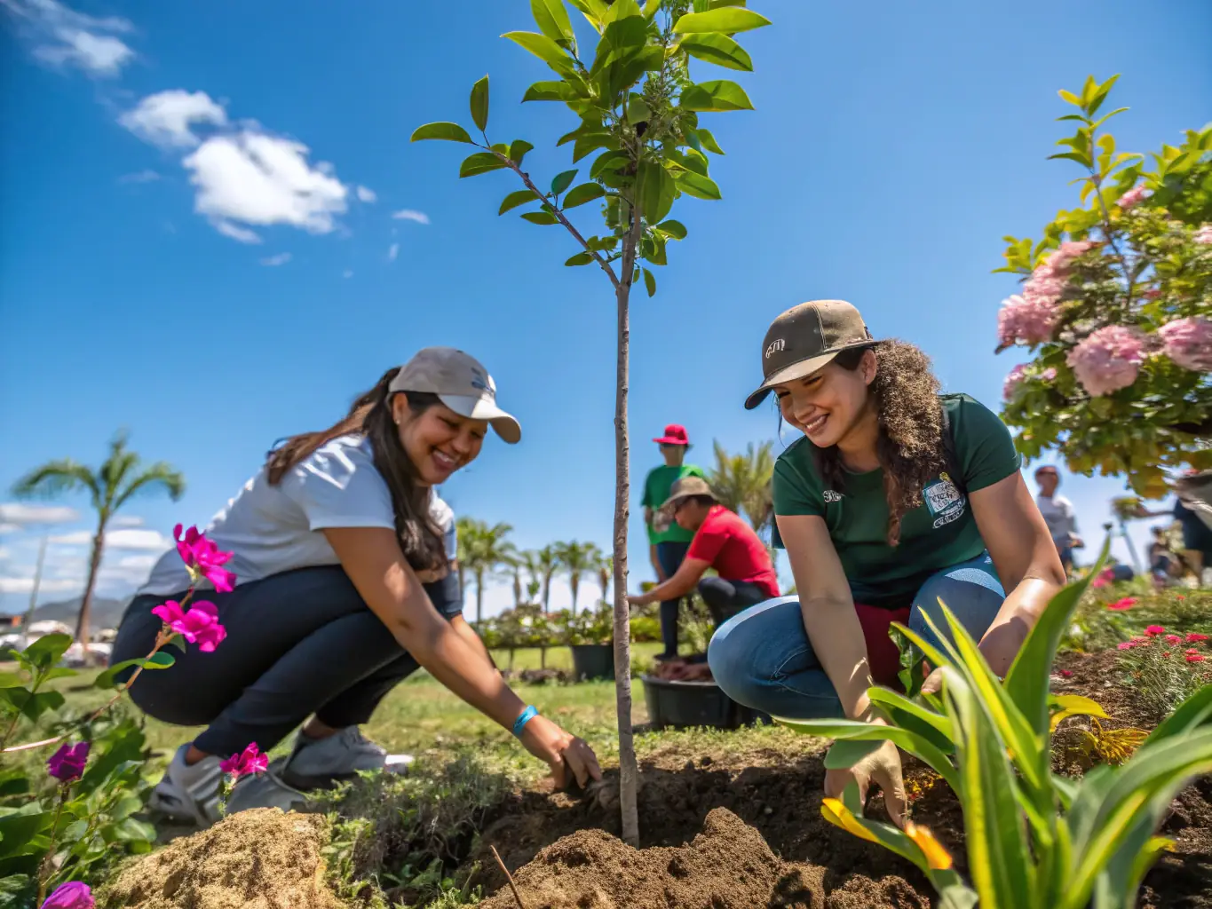 A photograph showing ACCA members planting native trees and shrubs as part of a habitat restoration project in a deforested area.