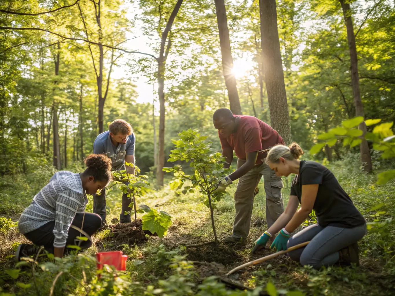 A photograph showing ACCA members actively involved in a habitat restoration project, planting trees and clearing debris in a local forest. The image should highlight the organization's commitment to environmental conservation and community involvement.